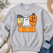 Load image into Gallery viewer, Boo Ghost Pumpkin Plaid Name Banner Halloween design on Ash Grey crewneck sweatshirt