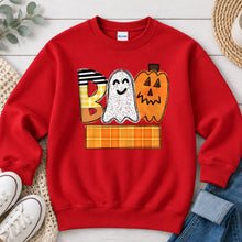 Load image into Gallery viewer, Boo Ghost Pumpkin Plaid Name Banner Halloween design on Red crewneck sweatshirt