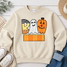 Load image into Gallery viewer, Boo Ghost Pumpkin Plaid Name Banner Halloween design on Sand crewneck sweatshirt