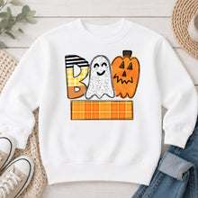 Load image into Gallery viewer, Boo Ghost Pumpkin Plaid Name Banner Halloween design on White crewneck sweatshirt