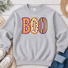 Load image into Gallery viewer, Boo Orange Plaid Polka Dot Halloween design on Ash Grey crewneck sweatshirt