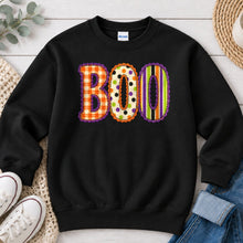 Load image into Gallery viewer, Boo Orange Plaid Polka Dot Halloween design on Black crewneck sweatshirt