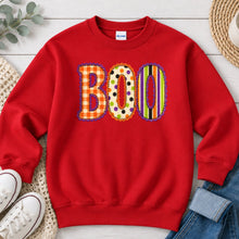 Load image into Gallery viewer, Boo Orange Plaid Polka Dot Halloween design on Red crewneck sweatshirt