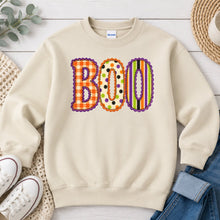 Load image into Gallery viewer, Boo Orange Plaid Polka Dot Halloween design on Sand crewneck sweatshirt