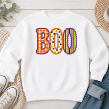Load image into Gallery viewer, Boo Orange Plaid Polka Dot Halloween design on White crewneck sweatshirt