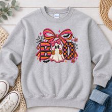 Load image into Gallery viewer, Boo Peace Ghost Pink Bow Halloween design on Ash Grey crewneck sweatshirt