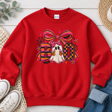 Load image into Gallery viewer, Boo Peace Ghost Pink Bow Halloween design on Red crewneck sweatshirt