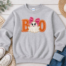 Load image into Gallery viewer, Boo Pink Bow Ghost Orange Halloween design on Ash Grey crewneck sweatshirt