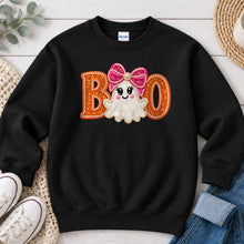 Load image into Gallery viewer, Boo Pink Bow Ghost Orange Halloween design on Black crewneck sweatshirt