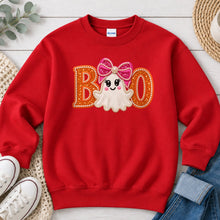 Load image into Gallery viewer, Boo Pink Bow Ghost Orange Halloween design on Red crewneck sweatshirt