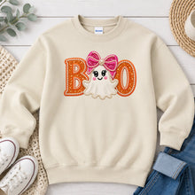 Load image into Gallery viewer, Boo Pink Bow Ghost Orange Halloween design on Sand crewneck sweatshirt