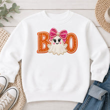 Load image into Gallery viewer, Boo Pink Bow Ghost Orange Halloween design on White crewneck sweatshirt