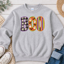 Load image into Gallery viewer, Boo Plaid Stripes Ghosts Halloween design on Ash Grey crewneck sweatshirt