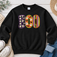Load image into Gallery viewer, Boo Plaid Stripes Ghosts Halloween design on Black crewneck sweatshirt