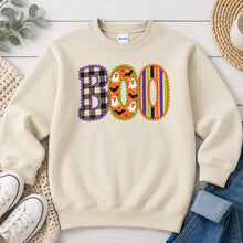 Load image into Gallery viewer, Boo Plaid Stripes Ghosts Halloween design on Sand crewneck sweatshirt