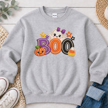 Load image into Gallery viewer, Boo Purple Bow Ghost Halloween design on Ash Grey crewneck sweatshirt