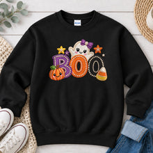 Load image into Gallery viewer, Boo Purple Bow Ghost Halloween design on Black crewneck sweatshirt