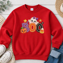Load image into Gallery viewer, Boo Purple Bow Ghost Halloween design on Red crewneck sweatshirt
