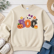 Load image into Gallery viewer, Boo Purple Bow Ghost Halloween design on Sand crewneck sweatshirt