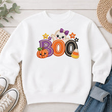 Load image into Gallery viewer, Boo Purple Bow Ghost Halloween design on White crewneck sweatshirt