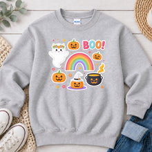 Load image into Gallery viewer, Boo Rainbow Pumpkins Halloween design on Ash Grey crewneck sweatshirt