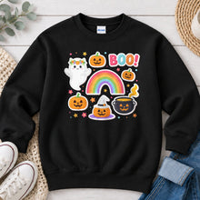 Load image into Gallery viewer, Boo Rainbow Pumpkins Halloween design on Black crewneck sweatshirt