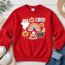 Load image into Gallery viewer, Boo Rainbow Pumpkins Halloween design on Red crewneck sweatshirt