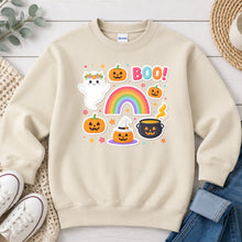 Load image into Gallery viewer, Boo Rainbow Pumpkins Halloween design on Sand crewneck sweatshirt