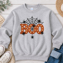Load image into Gallery viewer, Boo Spider Web Marquee Halloween design on Ash Grey crewneck sweatshirt