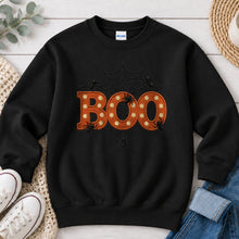 Load image into Gallery viewer, Boo Spider Web Marquee Halloween design on Black crewneck sweatshirt