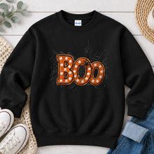 Load image into Gallery viewer, Boo Spider Web Marquee Distressed Halloween design on Black crewneck sweatshirt