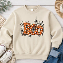 Load image into Gallery viewer, Boo Spider Web Marquee Distressed Halloween design on Sand crewneck sweatshirt