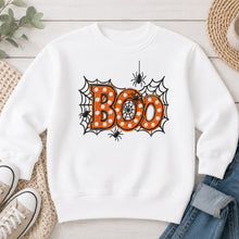 Load image into Gallery viewer, Boo Spider Web Marquee Distressed Halloween design on White crewneck sweatshirt