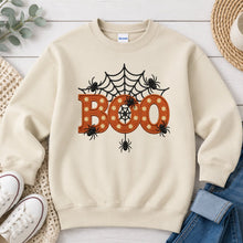 Load image into Gallery viewer, Boo Spider Web Marquee Halloween design on Sand crewneck sweatshirt