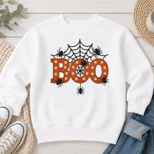 Load image into Gallery viewer, Boo Spider Web Marquee Halloween design on White crewneck sweatshirt