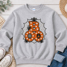 Load image into Gallery viewer, Boo Spider Web Orange Embroidered Halloween design on Ash Grey crewneck sweatshirt
