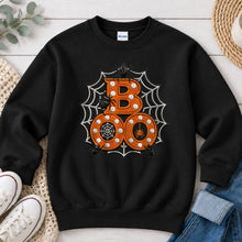 Load image into Gallery viewer, Boo Spider Web Orange Embroidered Halloween design on Black crewneck sweatshirt