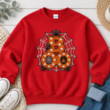 Load image into Gallery viewer, Boo Spider Web Orange Embroidered Halloween design on Red crewneck sweatshirt