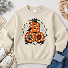 Load image into Gallery viewer, Boo Spider Web Orange Embroidered Halloween design on Sand crewneck sweatshirt