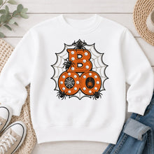 Load image into Gallery viewer, Boo Spider Web Orange Embroidered Halloween design on White crewneck sweatshirt