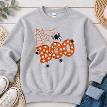 Load image into Gallery viewer, Boo Spiders Orange Polka Dot Halloween design on Ash Grey crewneck sweatshirt