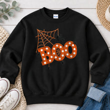 Load image into Gallery viewer, Boo Spiders Orange Polka Dot Halloween design on Black crewneck sweatshirt