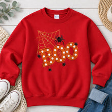 Load image into Gallery viewer, Boo Spiders Orange Polka Dot Halloween design on Red crewneck sweatshirt