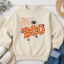 Load image into Gallery viewer, Boo Spiders Orange Polka Dot Halloween design on Sand crewneck sweatshirt
