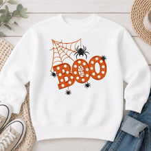 Load image into Gallery viewer, Boo Spiders Orange Polka Dot Halloween design on White crewneck sweatshirt