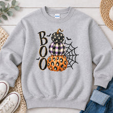 Load image into Gallery viewer, Boo Stacked Pumpkins Halloween design on Ash Grey crewneck sweatshirt