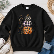 Load image into Gallery viewer, Boo Stacked Pumpkins Halloween design on Black crewneck sweatshirt