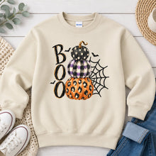 Load image into Gallery viewer, Boo Stacked Pumpkins Halloween design on Sand crewneck sweatshirt