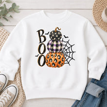 Load image into Gallery viewer, Boo Stacked Pumpkins Halloween design on White crewneck sweatshirt