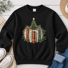 Load image into Gallery viewer, Book Stack Tree Christmas design on Black crewneck sweatshirt
